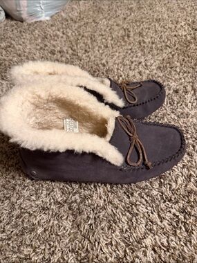 UGG Alena Dark Gray Suede Moccasin Slippers with Shearling Trim